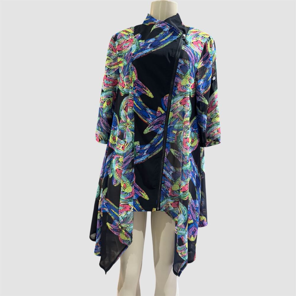 Radzoli Jacket Small Sheer Blouse Abstract Zip Artsy Asymmetrical Longline NWT